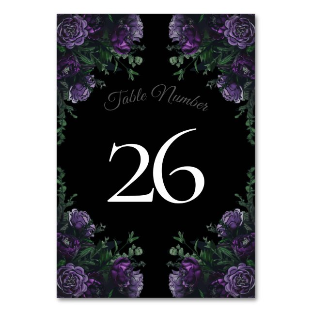 Black Purple Floral Elegant Wedding Gothic Table Number (Back)
