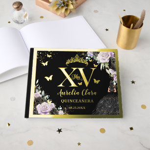 Black Purple Floral Quinceañera Quince 15 XV Gold Guest Book