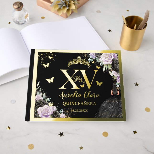 Black Purple Floral Quinceañera Quince 15 XV Gold Guest Book (Front Open)