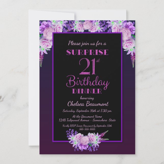 Black Purple Floral Surprise 21st Birthday Dinner Invitation (Front)