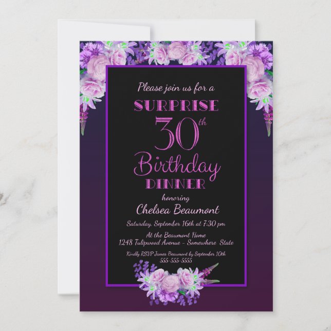 Black Purple Floral Surprise 30th Birthday Dinner Invitation (Front)