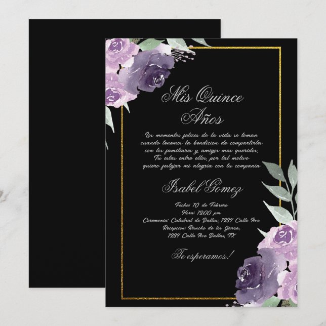 Black Purple Flower Quinceanera invitation (Front/Back)