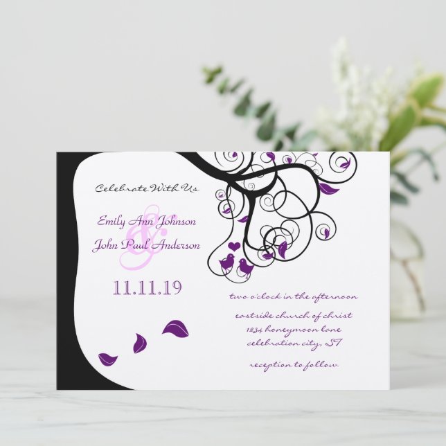 Black Purple Forest Love Bird Wedding Invitations (Standing Front)