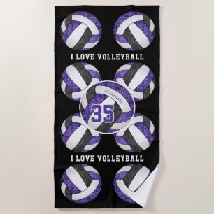 black purple girly team colours I love volleyball Beach Towel