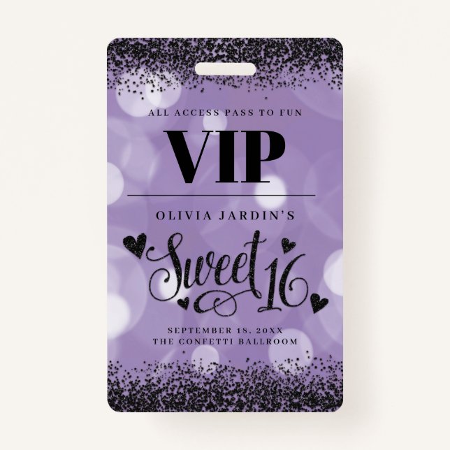 Black & Purple Glam Sweet 16 ID Badge (Front)