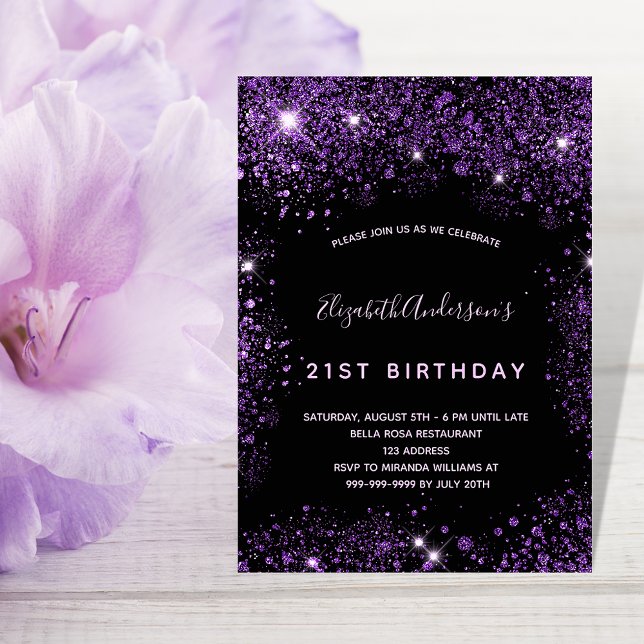 Black purple glitter birthday invitation (Creator Uploaded)