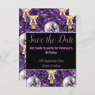 BLACK PURPLE GLITTER CELEBRATION SAVE THE DATE RSV RSVP CARD