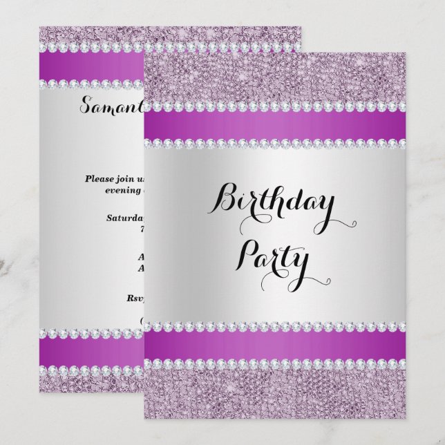 Black & Purple, Glitter & Diamonds Birthday Invitation (Front/Back)