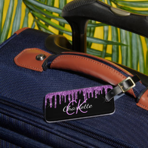 Black purple glitter drips custom monogram name luggage tag