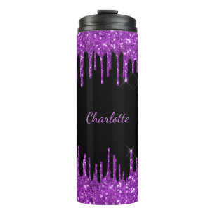 Black purple glitter drips custom monogram name thermal tumbler