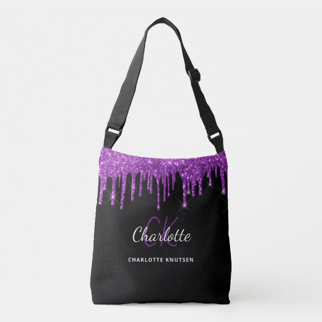 Black purple glitter drips monogram initials crossbody bag (Front)