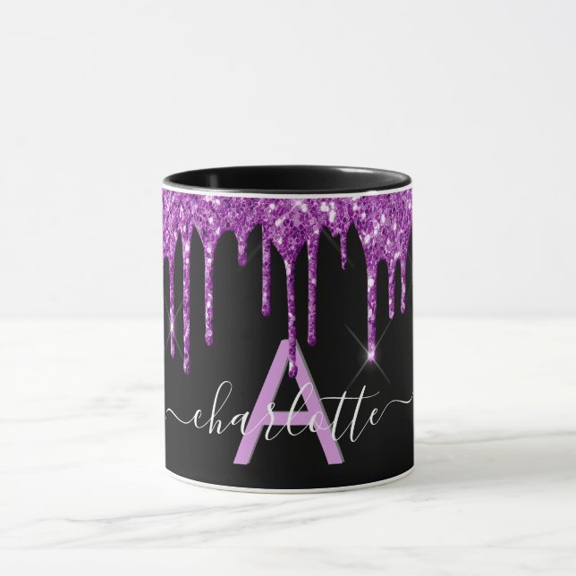 Black purple glitter drips monogram name script mug (Center)