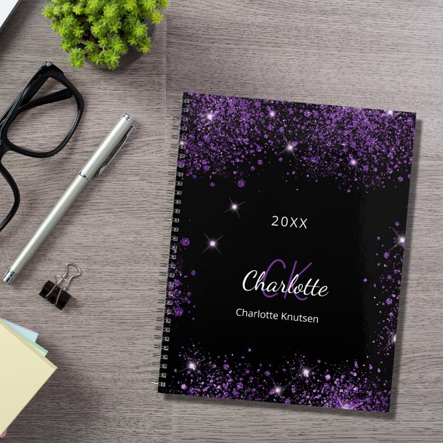 Black purple glitter dust monogram initials 2026 planner (Creator Uploaded)