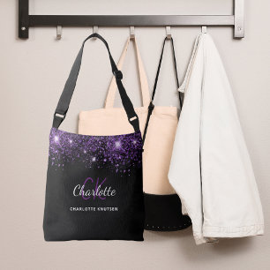 Black purple glitter dust monogram initials crossbody bag