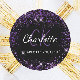 Black purple glitter dust monogram initials name  classic round sticker