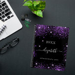 Black purple glitter dust name script 2025 planner<br><div class="desc">Black background, white text. Decorated with purple faux glitter dust. Personalize and add a year, your first name and a title. The name is written with a modern hand lettered style script with swashes. To keep the swashes only delete the sample name, leave the spaces or emoji's in front and...</div>