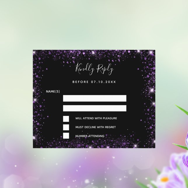 Black purple glitter elegant wedding RSVP card (Creator Uploaded)