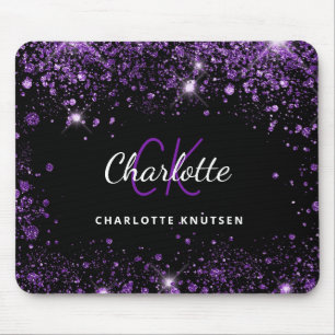 Black purple glitter monogram initails name  mouse mat
