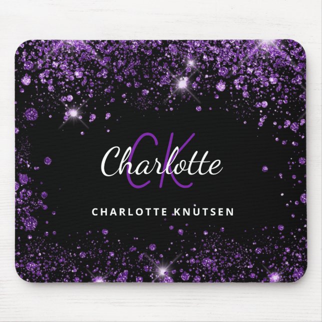 Black purple glitter monogram initails name  mouse mat (Front)
