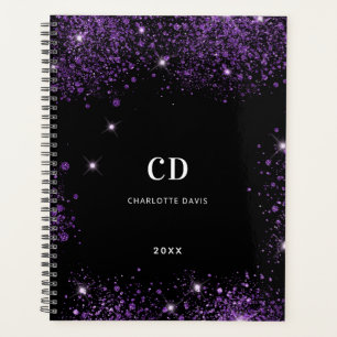 Black purple glitter monogram initials 2026 planner