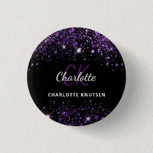 Black purple glitter monogram initials 3 cm round badge