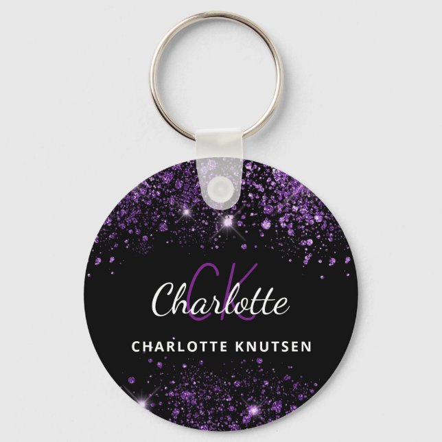 Black purple glitter monogram initials key ring (Front)