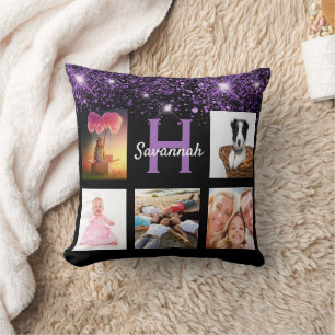 Black purple glitter photo collage monogram name cushion
