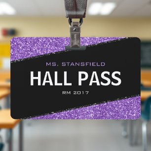 Black & Purple Glitter School Teacher Hall Pass ID Badge