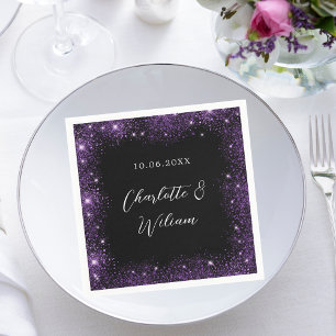 Black purple glitter script wedding napkin