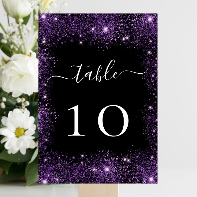 Black purple glitter sparkle wedding table number (Creator Uploaded)