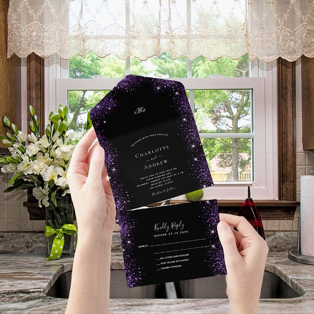 Black purple glitter sparkles elegant wedding all in one invitation (Creator Uploaded)