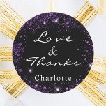 Black purple glitter thank you classic round sticker<br><div class="desc">A classic black background. Decorated with purple faux glitter dust. Personalise and add your first name. With the text: Love & Thanks.</div>