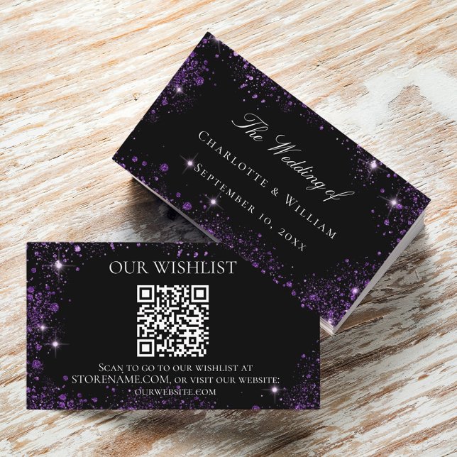 Black purple glitter wedding wishlist QR code Enclosure Card (Creator Uploaded)