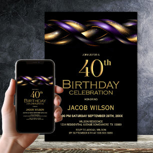 Black Purple Gold 40th Birthday Party Invitation