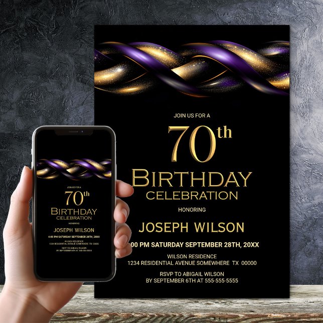Black Purple Gold 70th Birthday Party Invitation (Creator Uploaded)