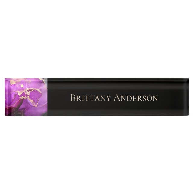 Black Purple Gold Abstract Alcohol Ink Nameplate (Front)