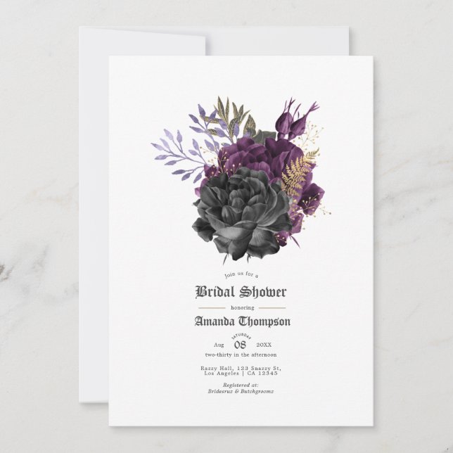 Black Purple Gold Floral Gothic Bridal Shower Invitation (Front)