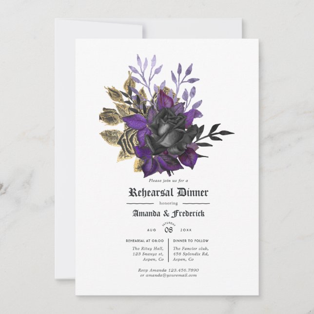 Black Purple Gold Floral Gothic Rehearsal Dinner Invitation (Front)