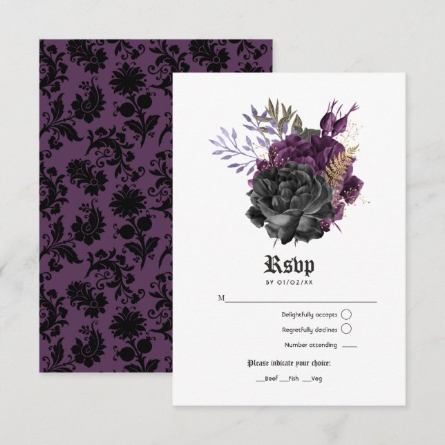 Black Purple Gold Floral Gothic Wedding RSVP Card (Front/Back)