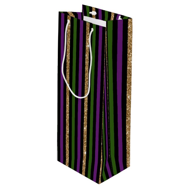 BLACK PURPLE GOLD GREEN MARDI GRAS STRIPES WINE GIFT BAG (Front Angled)