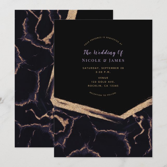 Black Purple & Gold Marble Chic Modern Wedding Invitation (Front/Back)