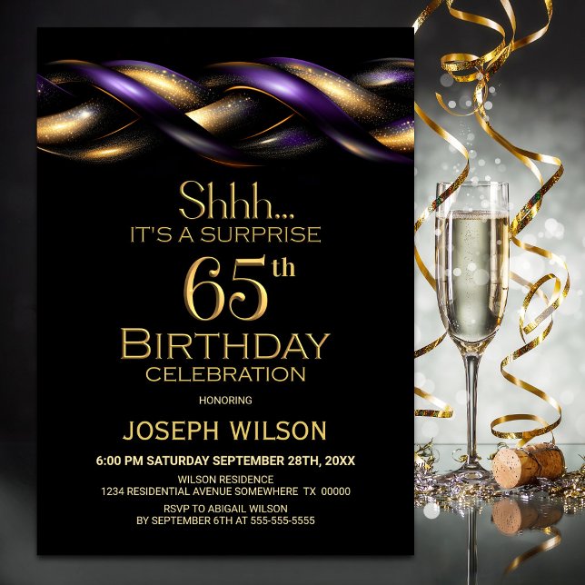 Black Purple Gold Surprise 65th Birthday Party Invitation (Creator Uploaded)