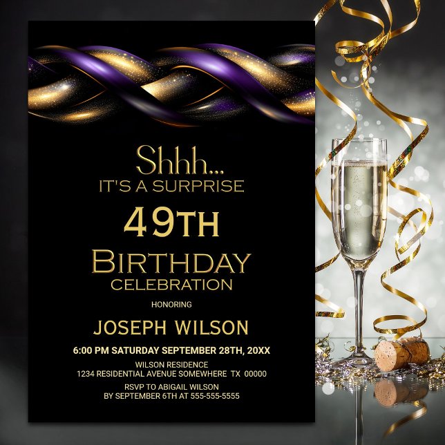 Black Purple Gold Surprise Any Age Birthday Party Invitation (Creator Uploaded)