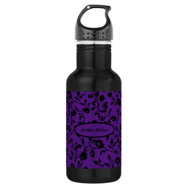 Black Purple Gothic Floral Water Bottle with Name (Front)