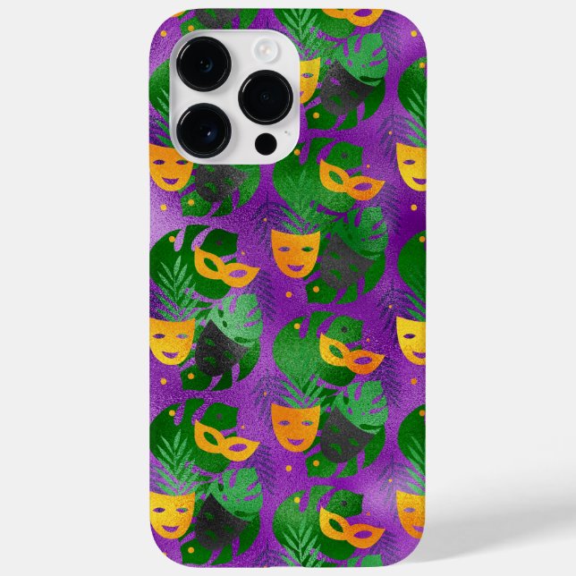 BLACK PURPLE GREEN GOLD MARDI GRAS MASKS & LEAVES Case-Mate iPhone CASE (Back)