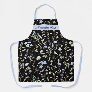 Black Purple Green Watercolor Wildflowers Name Apron