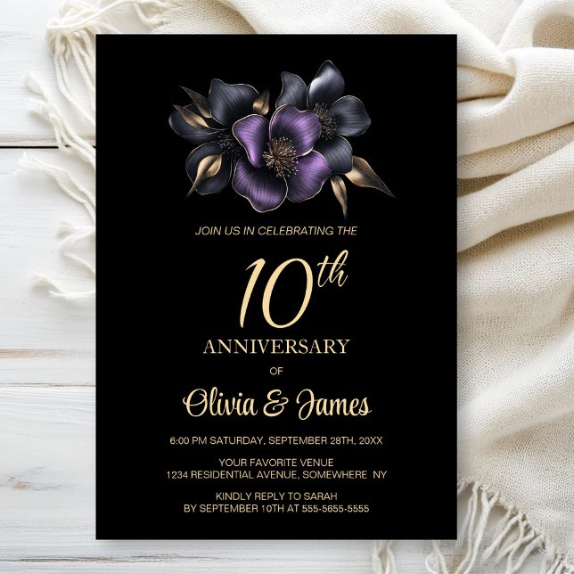 Black Purple Grey Floral 10th Anniversary Invitation (Creator Uploaded)