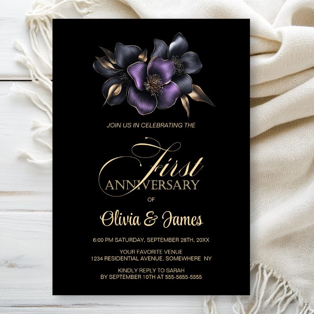 Black Purple Grey Floral 1st Wedding Anniversary Invitation (Creator Uploaded)