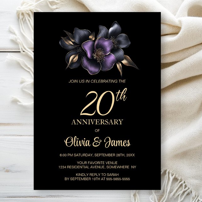 Black Purple Grey Floral 20th Anniversary Invitation (Creator Uploaded)
