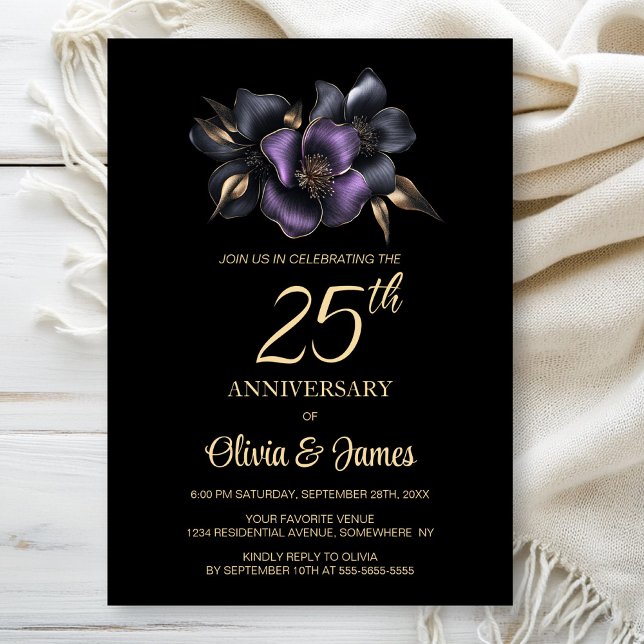 Black Purple Grey Floral 25th Anniversary Invitation (Creator Uploaded)